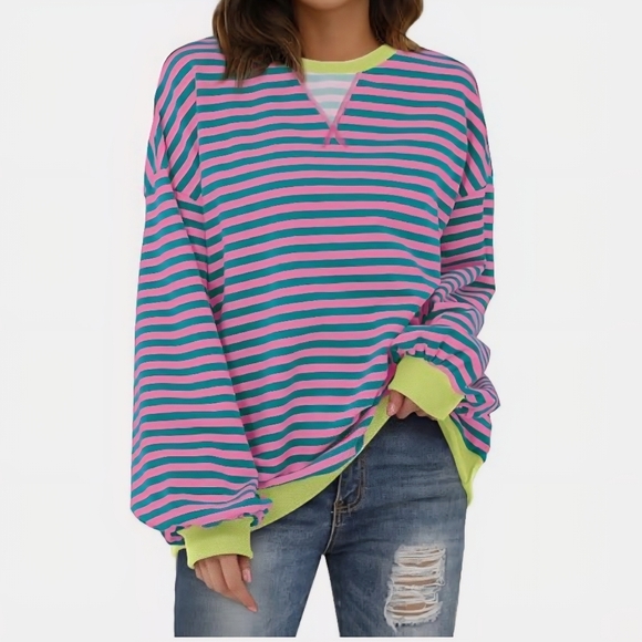 XIEERDUO Tops - NWOT Womens Crewneck Oversized Sweatshirt Striped Color Tops Long Sleeve Size S
